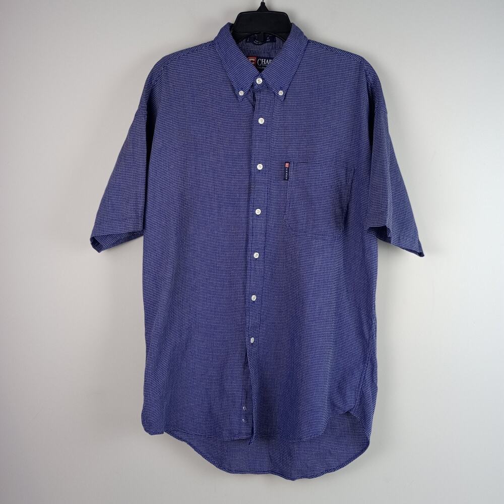 Chaps Ralph Lauren‎ Mens L Blue White Check Short Sleeve Button Down Dress Shirt